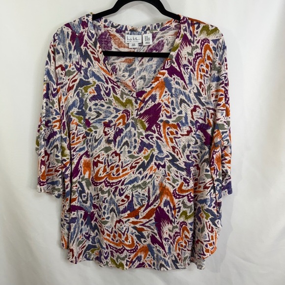 Nicole Miller New York Tops - Nicole Miller New York Linen Abstract Print V-Neck 3/4 Sleeve Tunic Top 2X Boho